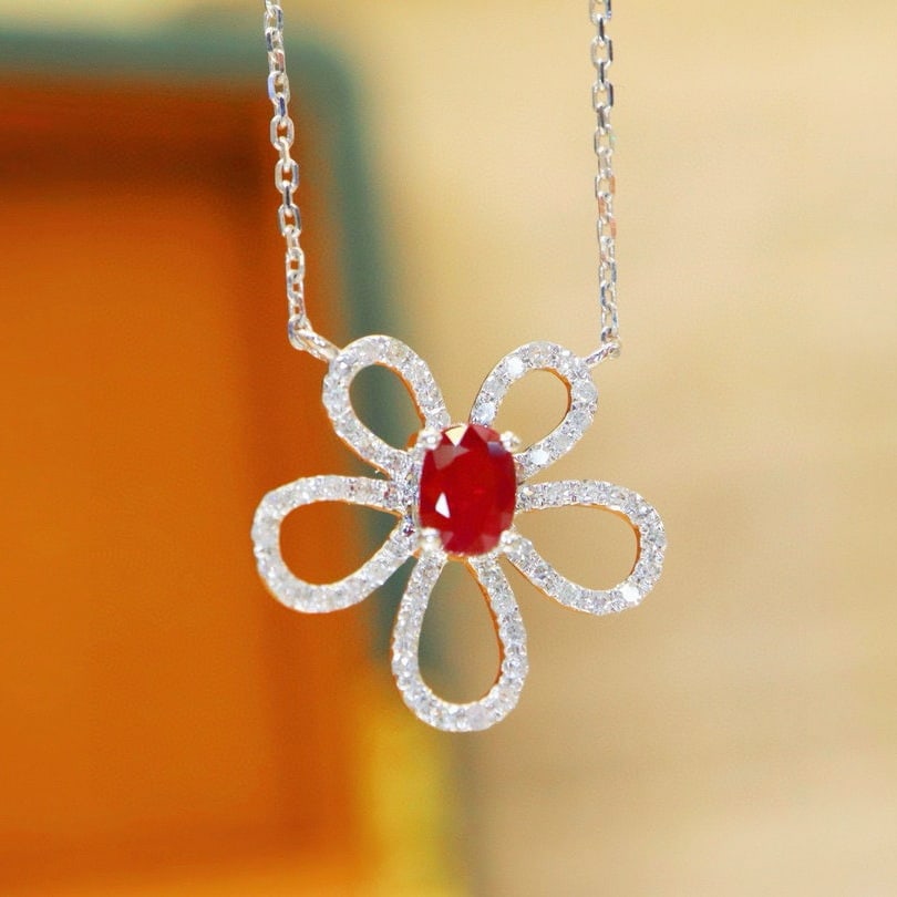 14k Gold 0.57 Ctw Vivid Red Natural Ruby & Diamond Necklace - 3