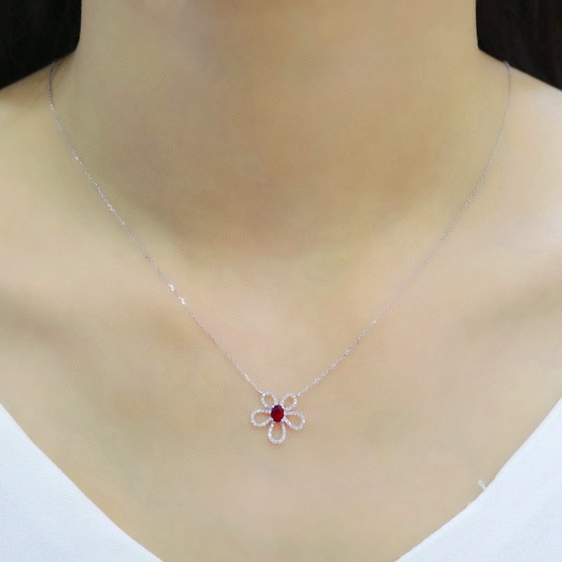 14k Gold 0.57 Ctw Vivid Red Natural Ruby & Diamond Necklace - 5