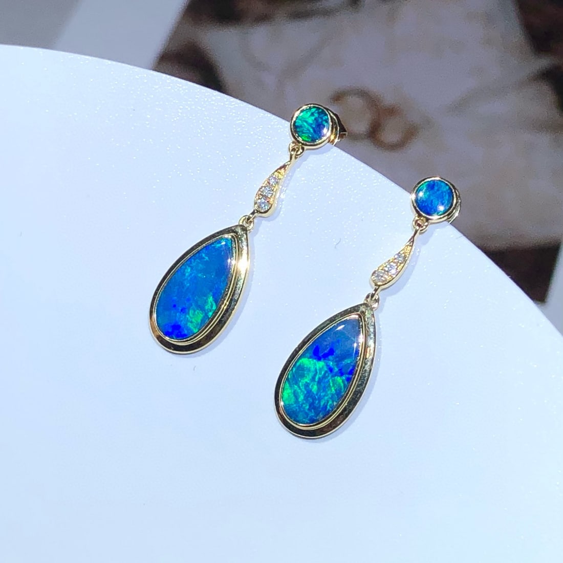 14k Gold 1.38 Ctw Natural Opal & Diamond Earrings - 2