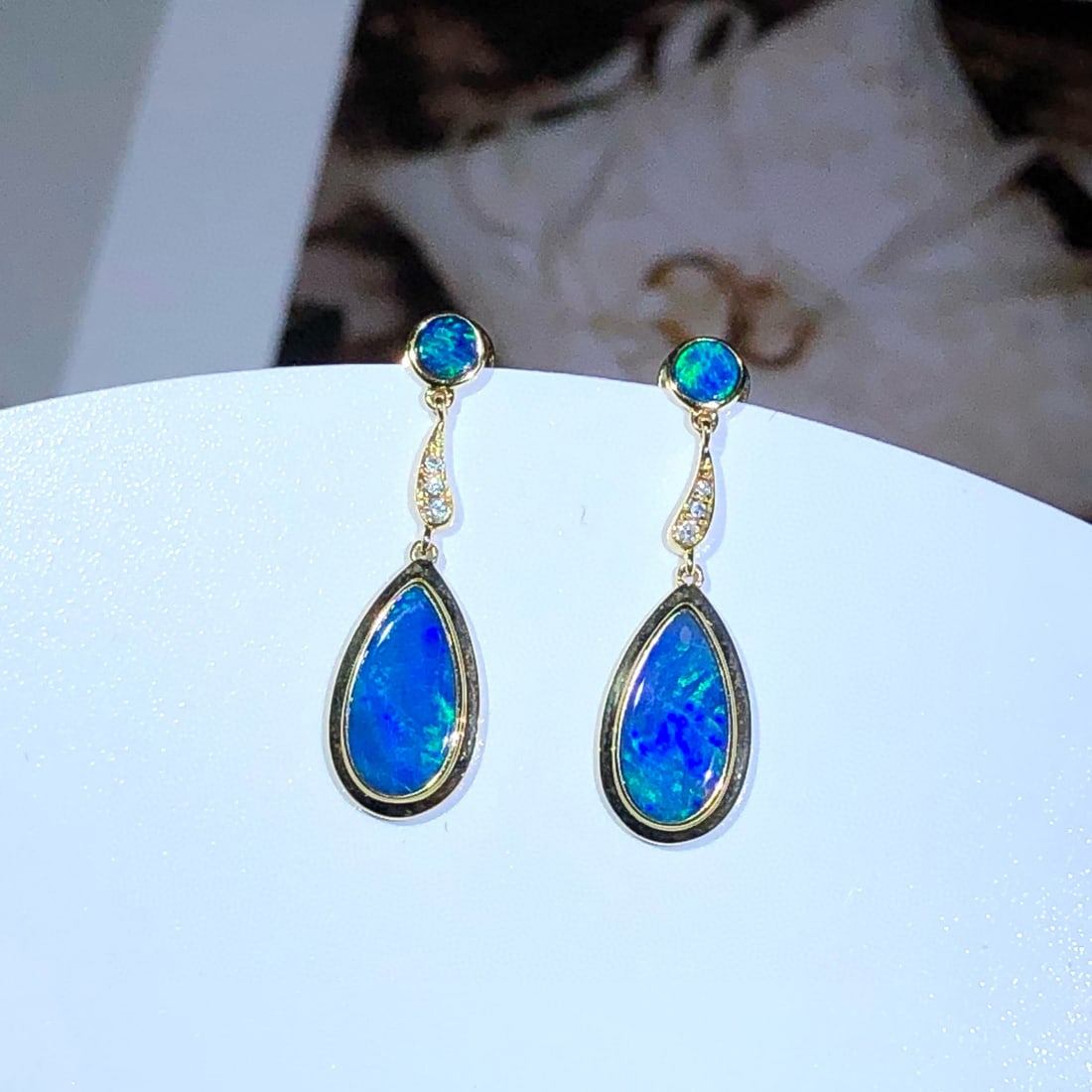 14k Gold 1.38 Ctw Natural Opal & Diamond Earrings - 3