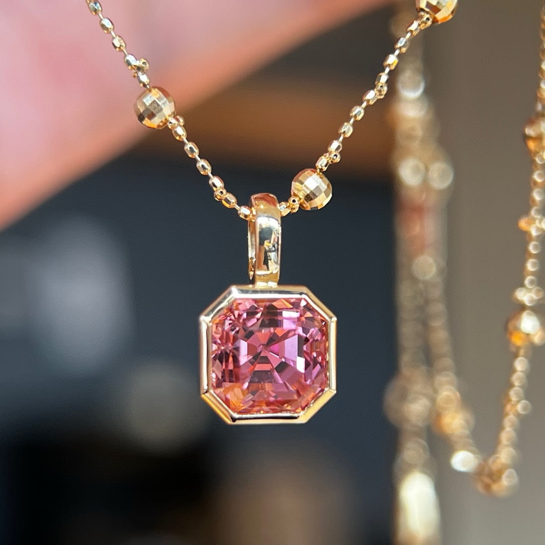 14k Gold 2.35 Ct Natural Tourmaline Pendant( Without Chain ): Ref:230983049 // gold content:14k gold // main gemstone:tourmaline // shape:asscher // carat weight:2. 35ct // color:pink // treatment:natural // Condition: New Low Estimate: 7700 High Estimate: 12000