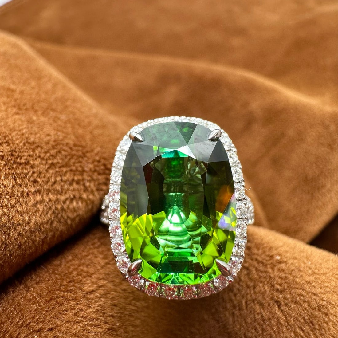 14k Gold 8.45 Ctw Natural Tourmaline & Diamond Ring/pendant( Without Chain ): Ref:230983053 // gold content:14k gold // ring size:7. 25us // // main gemstone:tourmaline // shape:cushion // carat weight:7. 76ct // color:green // treatment:natural // // adjacent gemstone 2 :