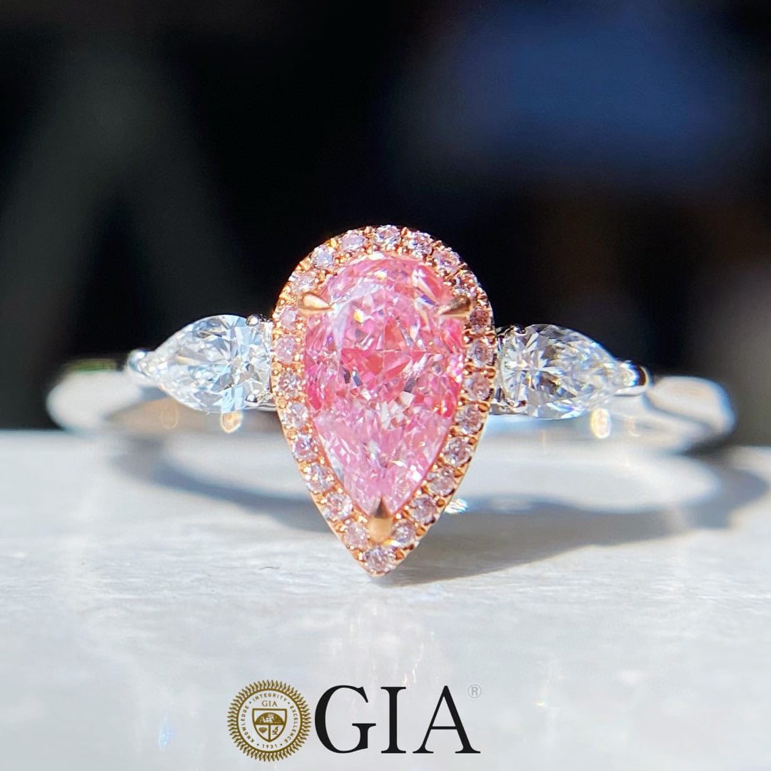 Gia Certified 14k Gold 0.60 Ctw Natural Pink Diamond & Diamond Ring: Ref:230983058 // gold content:14k gold // ring size:7. 25us // // main gemstone:pink diamond // certified:gia // shape:pear // carat weight:0. 41ct // clarity grade:si1 // color:pink //