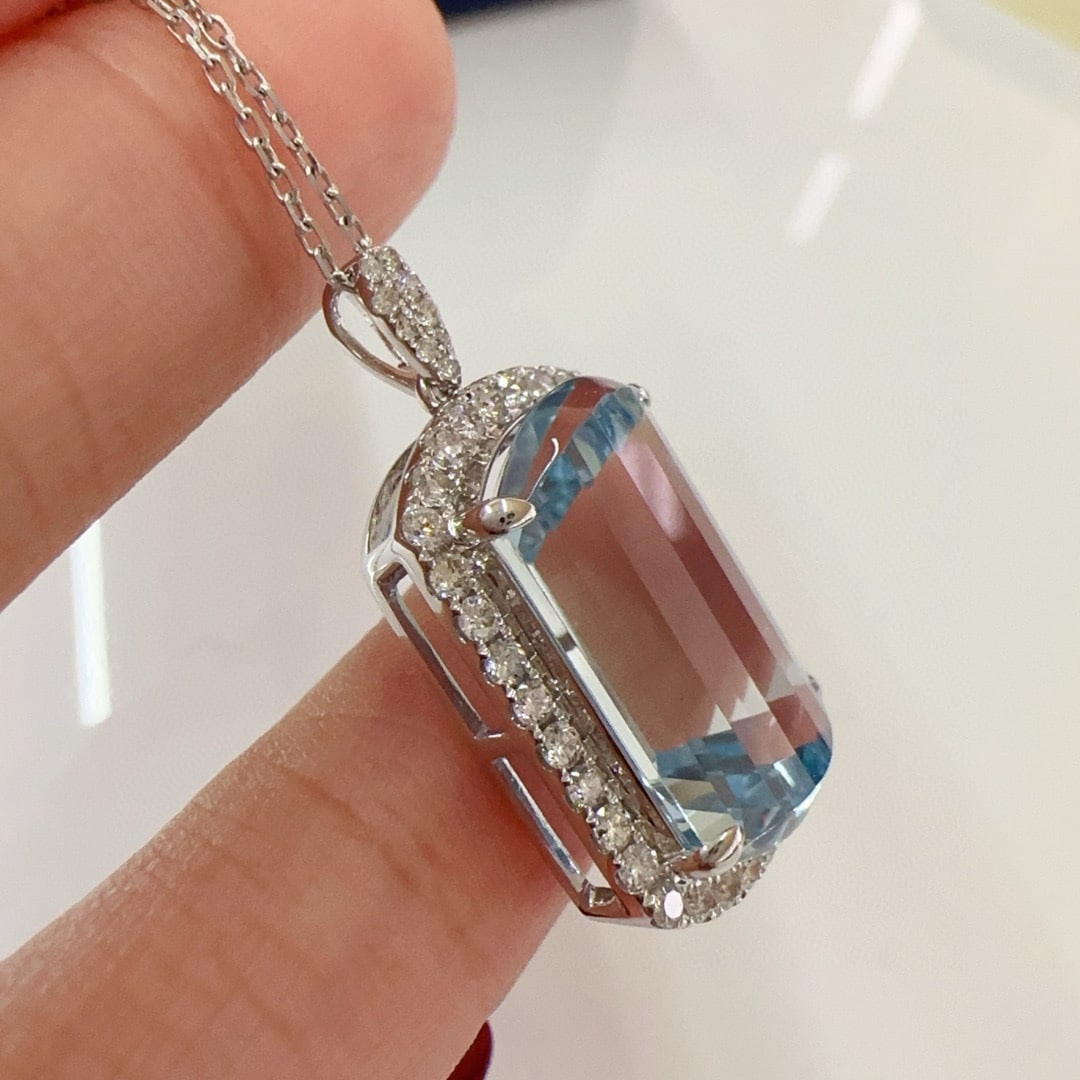 14k Gold 10.54 Ctw Natural Aquamarine & Diamond Pendant( Without Chain ) - 2