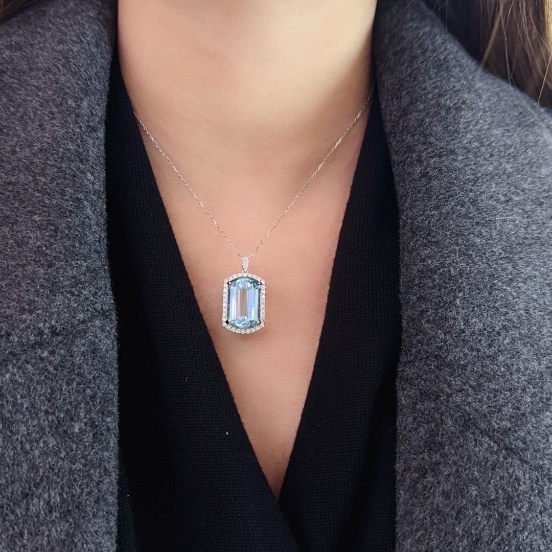 14k Gold 10.54 Ctw Natural Aquamarine & Diamond Pendant( Without Chain ) - 4
