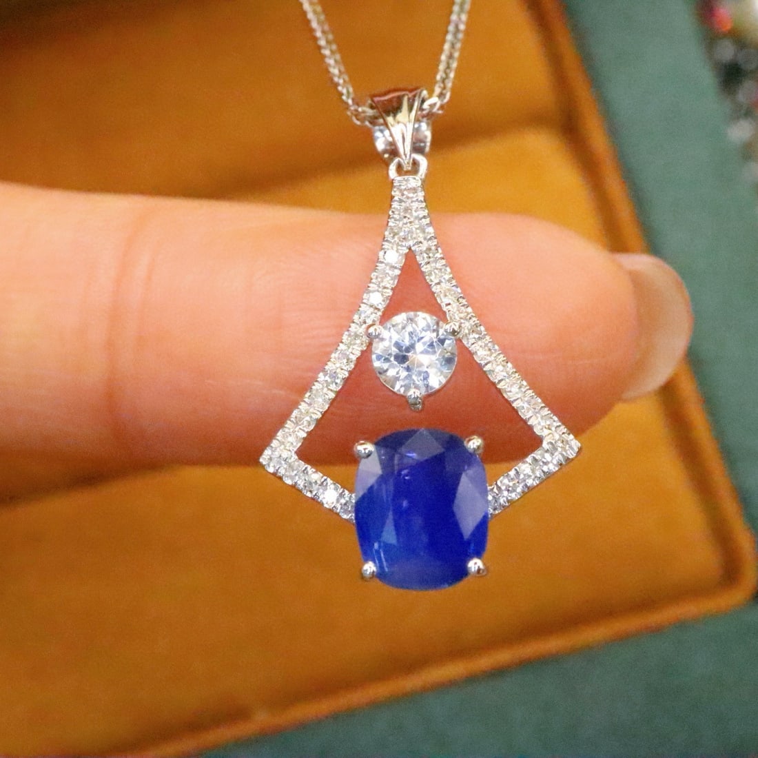 14k Gold 1.72 Ctw Natural Sapphire & Diamond Pendant( Without Chain ): Ref:230983117 // gold content:14k gold // main gemstone:sapphire // shape:cushion // carat weight:1. 55ct // color:royal blue // treatment:natural // // adjacent gemstone 2 : diamond // number of