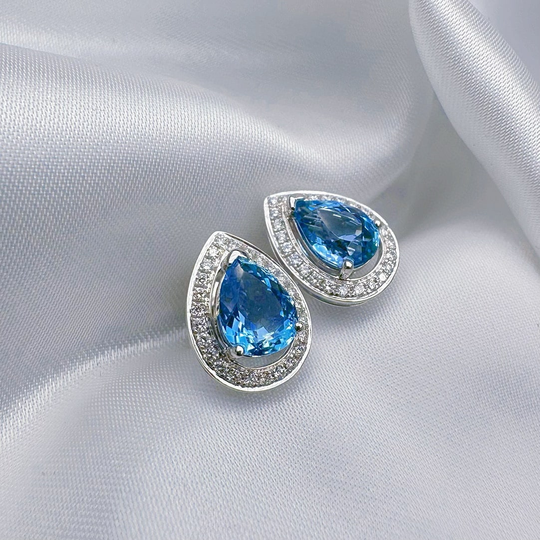 14k Gold 2.10 Ctw Natural Aquamarine & Diamond Earrings - 5