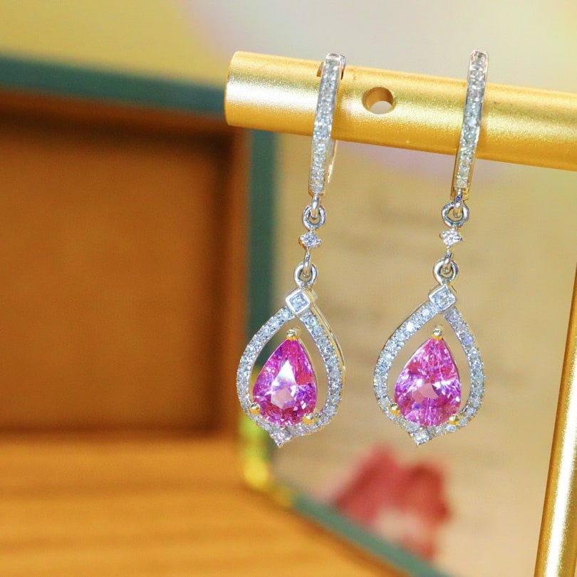 14k Gold 2.22 Ctw Natural Padparadscha Sapphire & Diamond Earrings - 2