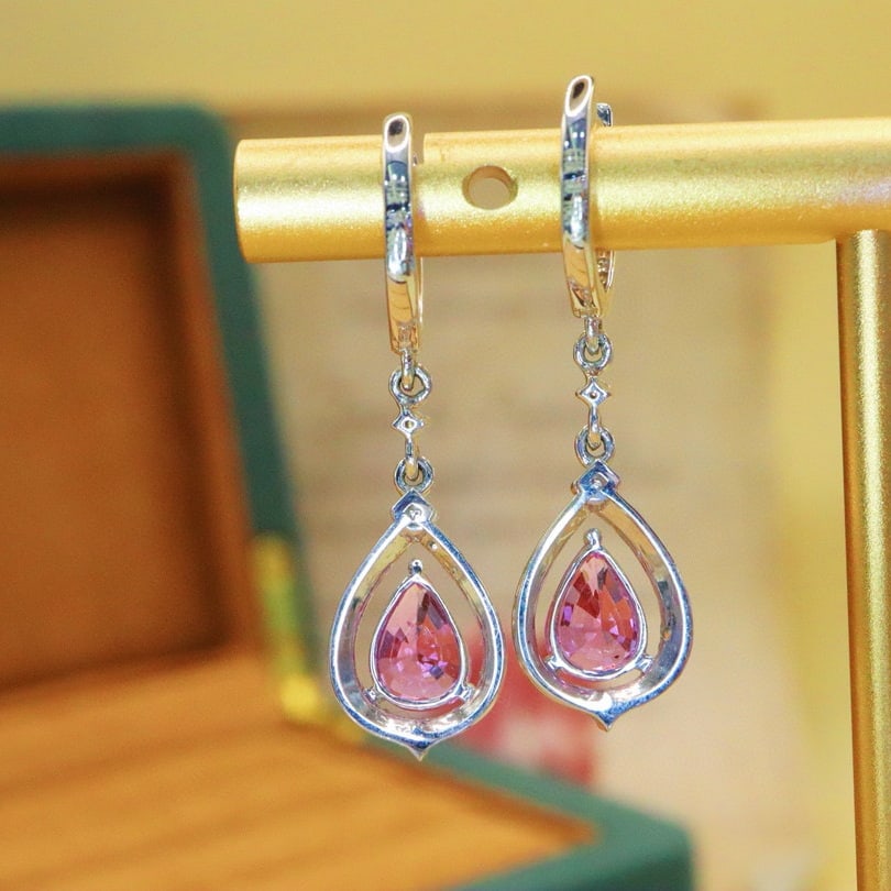 14k Gold 2.22 Ctw Natural Padparadscha Sapphire & Diamond Earrings - 3