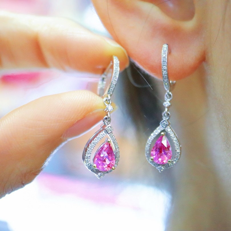 14k Gold 2.22 Ctw Natural Padparadscha Sapphire & Diamond Earrings - 4