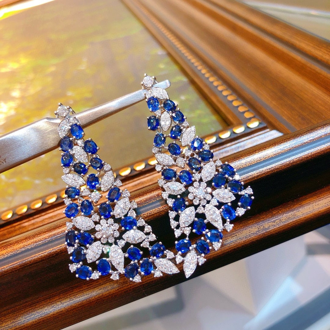 14k Gold 12.28 Ctw Natural Sapphire & Diamond Earrings - 2