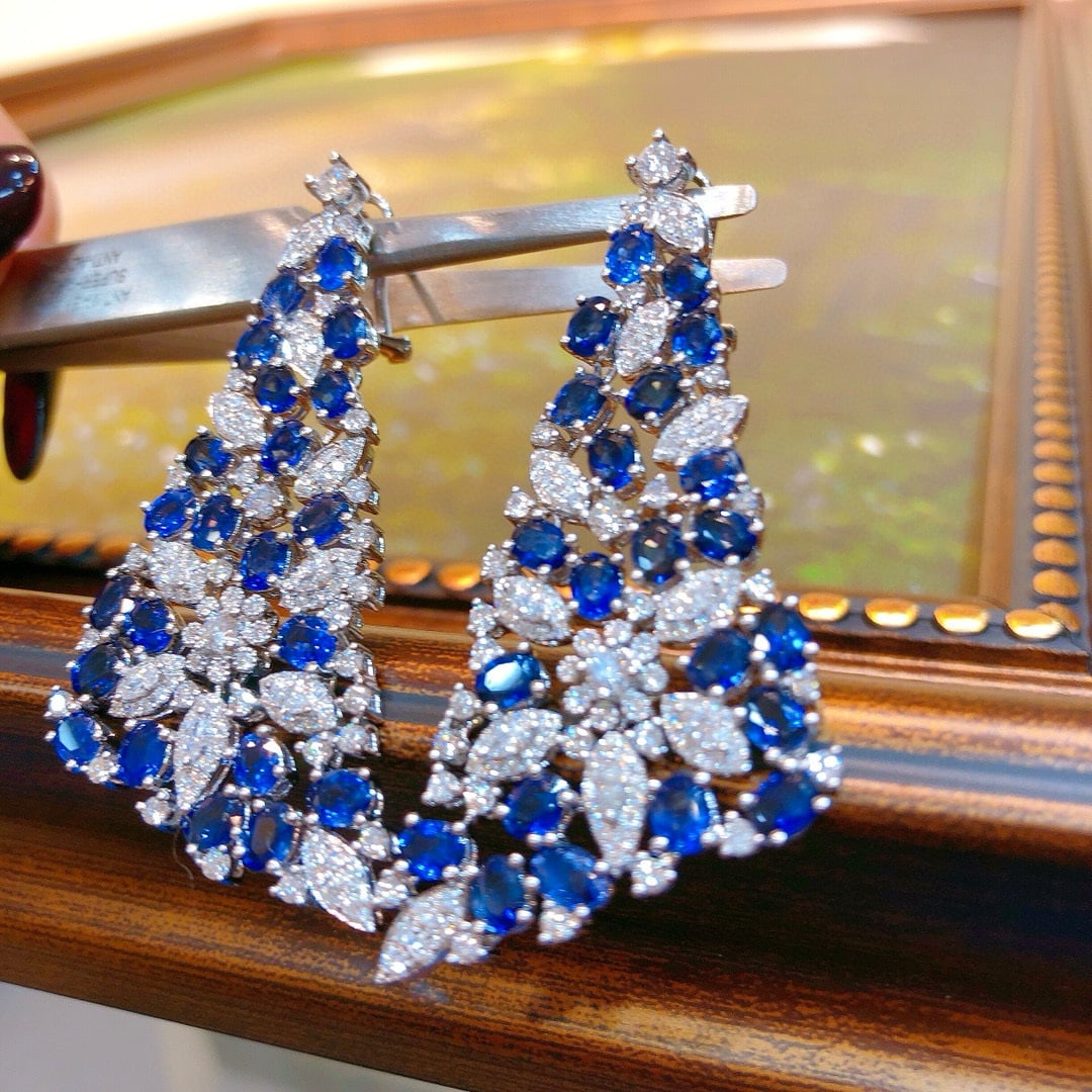 14k Gold 12.28 Ctw Natural Sapphire & Diamond Earrings - 3
