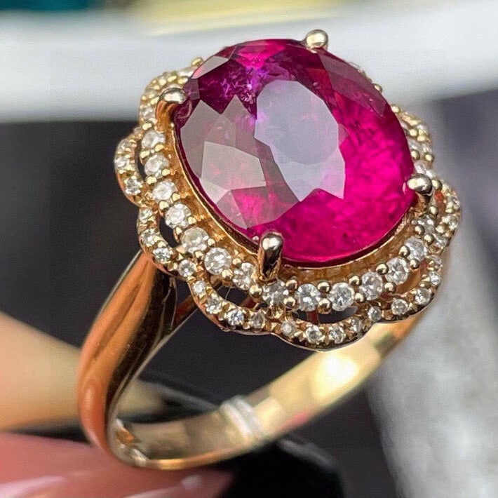 14k Gold 5.78 Ct Natural Tourmaline & Diamond Ring - 2