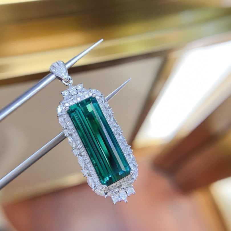 14k Gold 12.6 Ct Natural Tourmaline & Diamond Pendant( Without Chain ) - 3