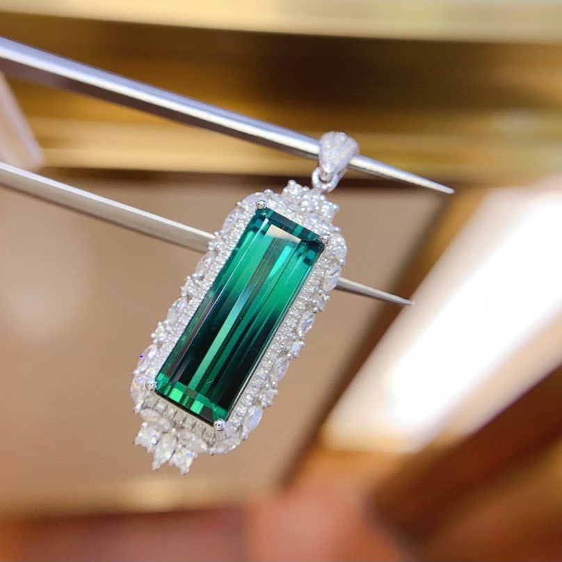 14k Gold 12.6 Ct Natural Tourmaline & Diamond Pendant( Without Chain ) - 4