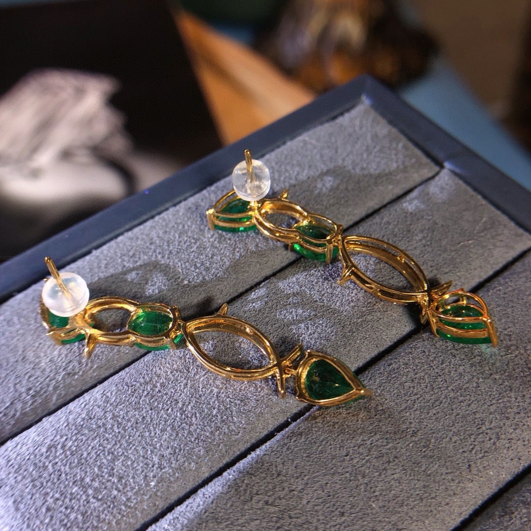 14k Gold 5.53 Ctw Vivid Green Natural Emerald & Diamond Earrings - 3