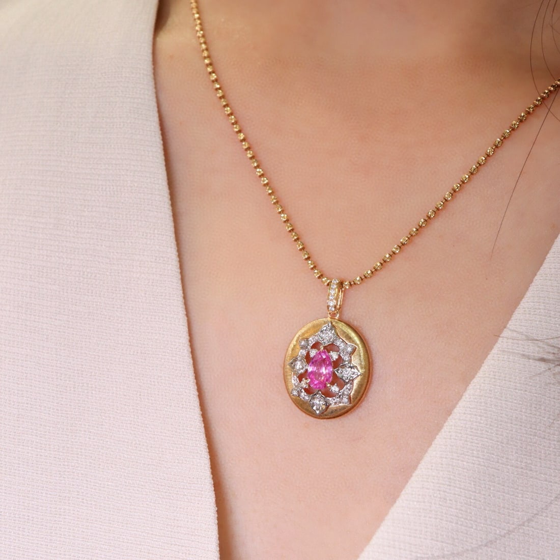 14k Gold 1.35 Ctw Natural Sapphire & Diamond Pendant( Without Chain ): Ref:230983184 // gold content:14k gold // main gemstone:sapphire // shape:pear // carat weight:1. 10ct // color:pink // treatment:natural // // adjacent gemstone 2 : diamond // shape:round // carat