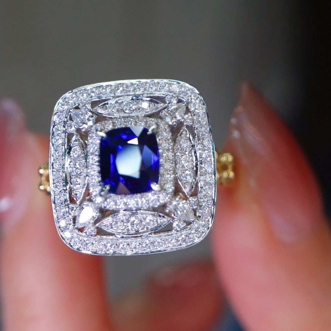 14k Gold 1.53 Ctw Natural Sapphire & Diamond Ring: Ref:230983185 // gold content:14k gold // ring size:7. 25us // // main gemstone:sapphire // shape:cushion // carat weight:1. 02ct // color:royal blue // treatment:natural // // adjacent gemstone 2 : d