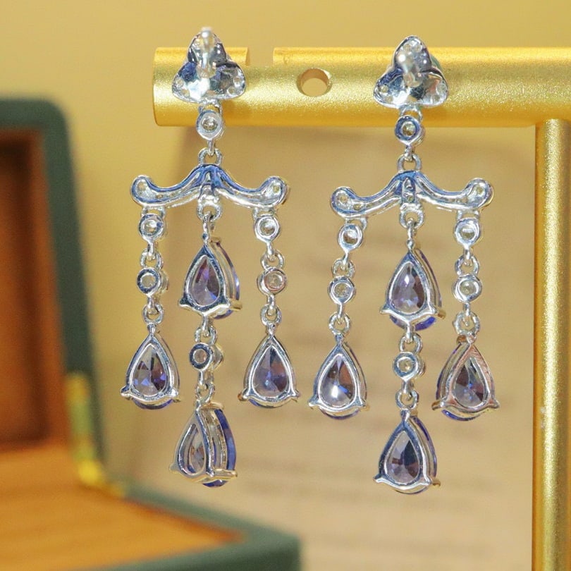 14k Gold 4.47 Ctw Natural Sapphire & Diamond Earrings - 2