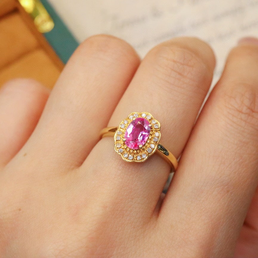 14k Gold 0.93 Ctw Natural Padparadscha Sapphire & Diamond Ring - 4