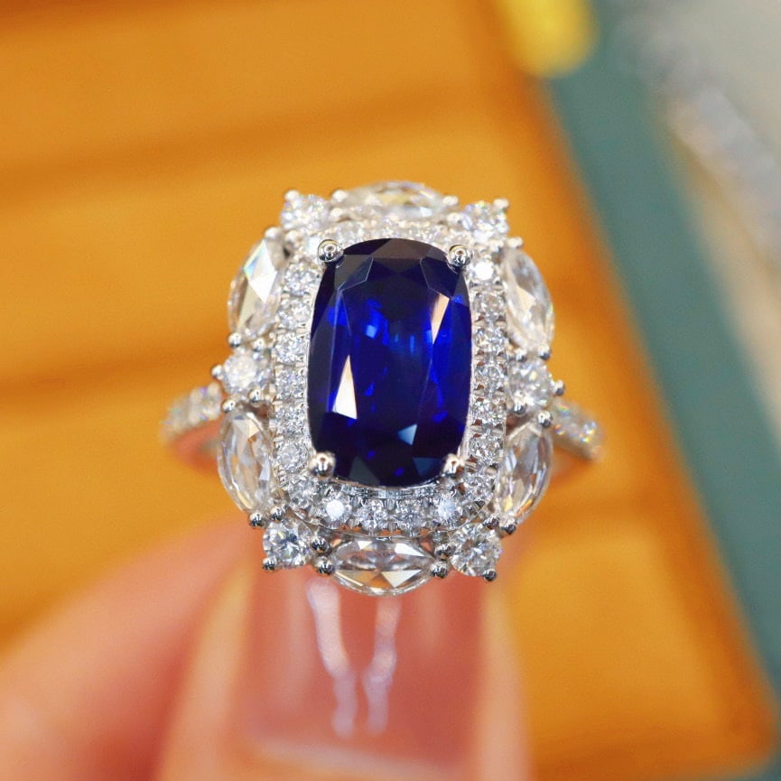 14k Gold 3.43 Ctw Natural Sapphire & Diamond Ring/pendant( Without Chain ): Ref:230983205 // gold content:14k gold // ring size:7. 25us // // main gemstone:sapphire // shape:cushion // carat weight:2. 46ct // color:royal blue // treatment:natural // // adjacent gemstone 2 :