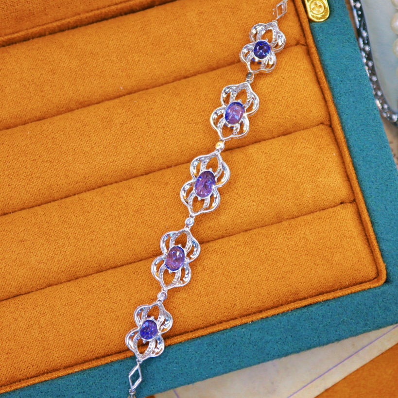 14k Gold 7.26 Ctw Natural Sapphire & Diamond Bracelet - 3