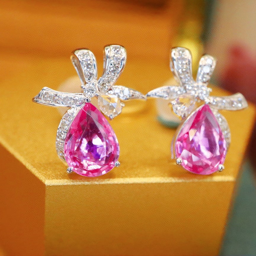 14k Gold 1.80 Ctw Natural Padparadscha Sapphire & Diamond Earrings - 2