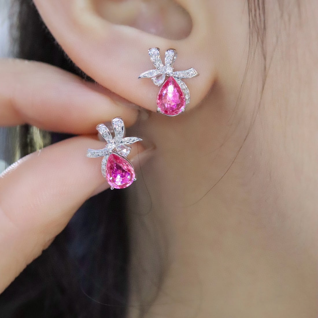 14k Gold 1.80 Ctw Natural Padparadscha Sapphire & Diamond Earrings - 4