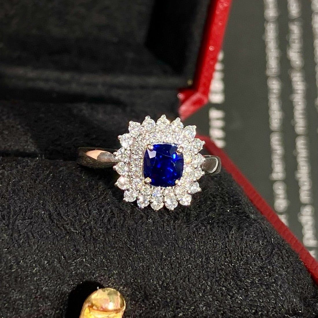 14k Gold 1.12 Ct Natural Sapphire & Diamond Ring: Ref:230983217 // gold content:14k gold // ring size:7. 25us // // main gemstone:sapphire // shape:cushion // carat weight:1. 12ct // color:royal blue // treatment:natural // // adjacent gemstone 2 :