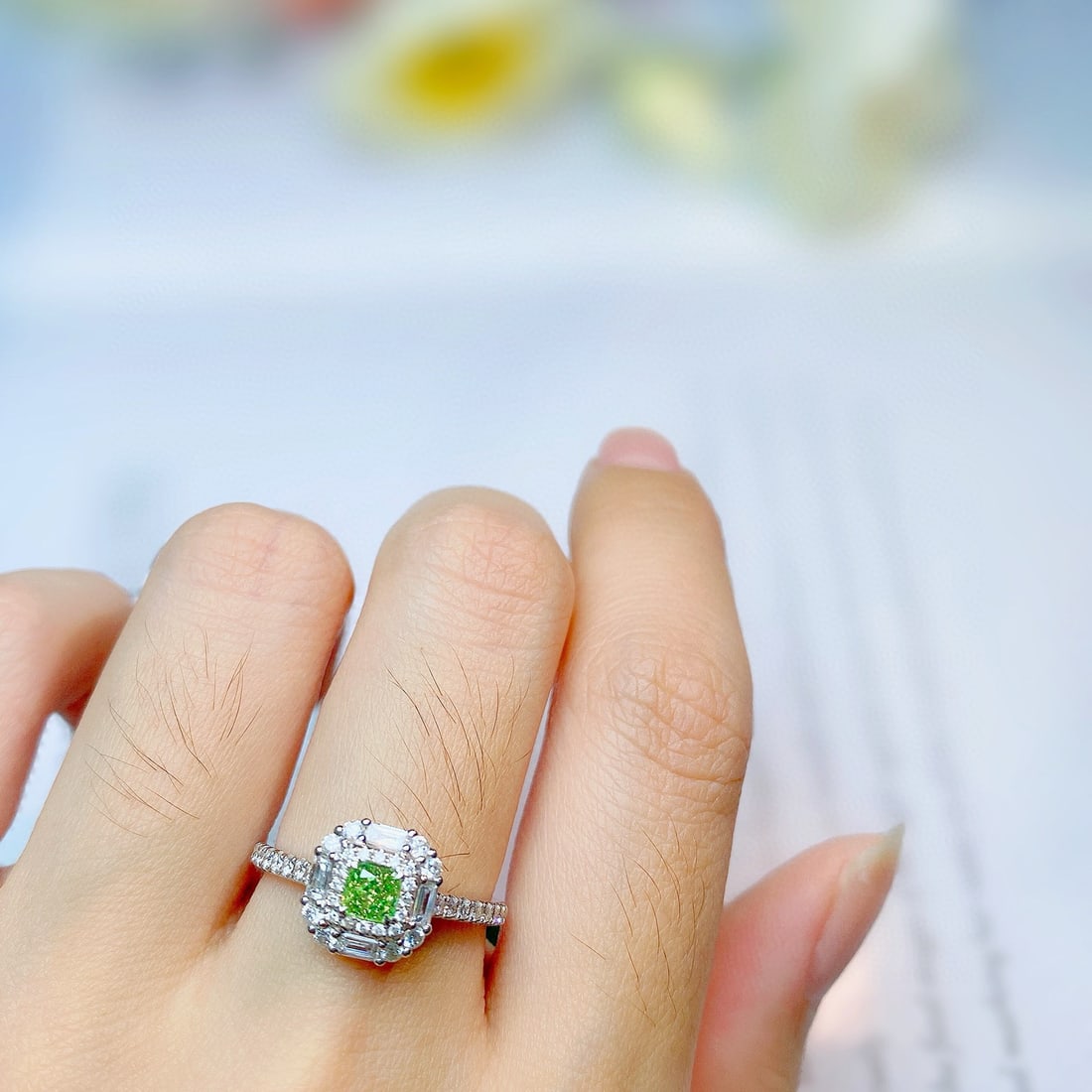 14k Gold 0.75 Ctw Natural Green Diamond & Diamond Ring: Ref:230983223 // gold content:14k gold // ring size:7. 25us // // main gemstone:green diamond // shape:cushion // carat weight:0. 25ct // color:green // treatment:natural // // adjacent gemstone 2 :