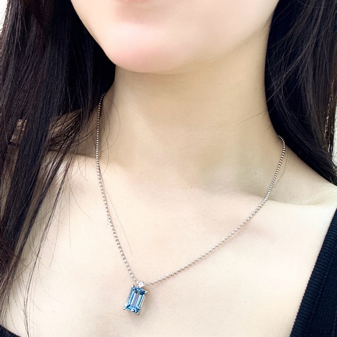 14k Gold 5.39 Ctw Natural Aquamarine & Lab Grown Diamond Necklace - 4