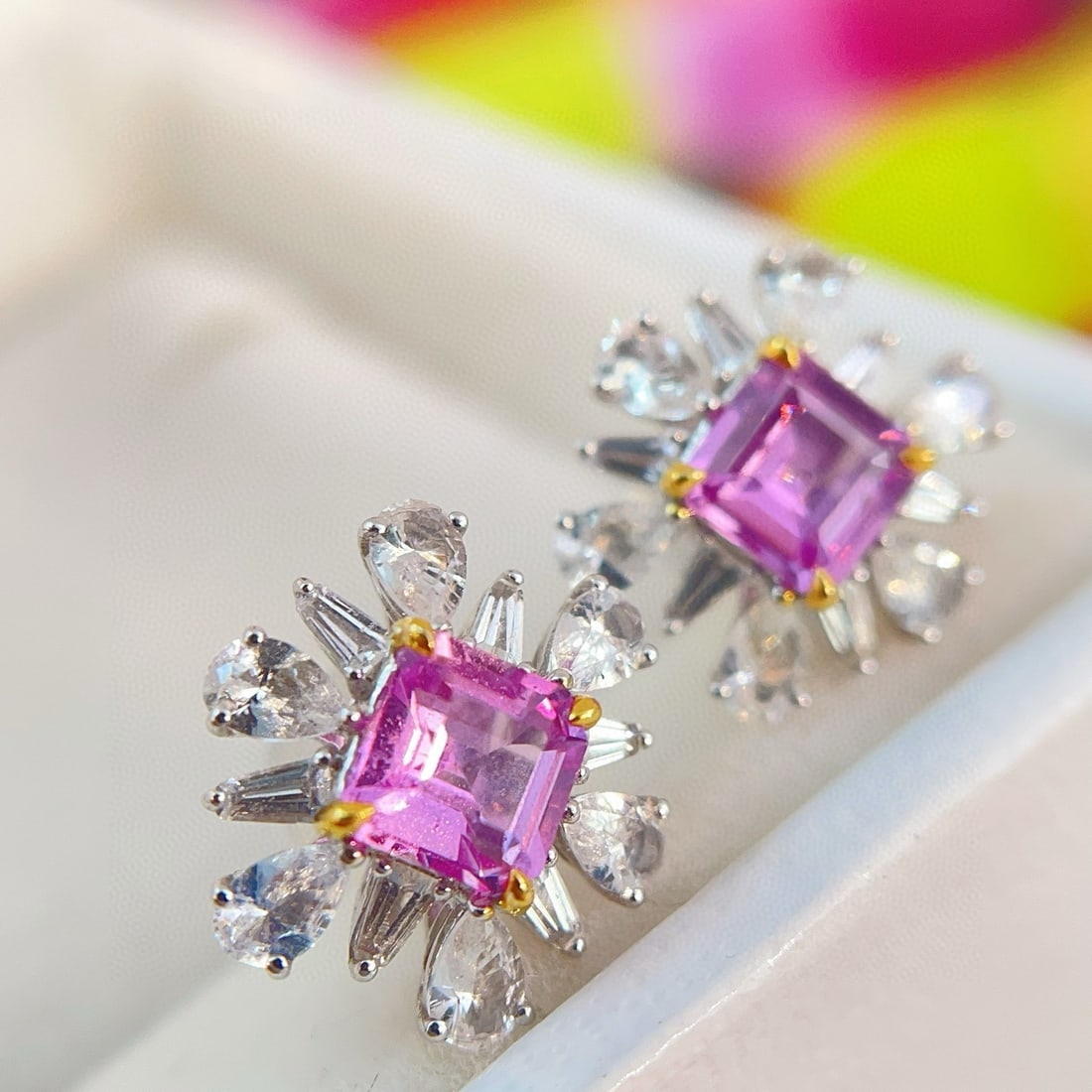 14k Gold 1.91 Ctw Natural Sapphire & Sapphire Earrings: Ref:230983243 // gold content:14k gold // main gemstone:sapphire // shape:octagonal // carat weight:0. 95ct // color:pink // treatment:natural // // adjacent gemstone 2 : sapphire // shape:multiply