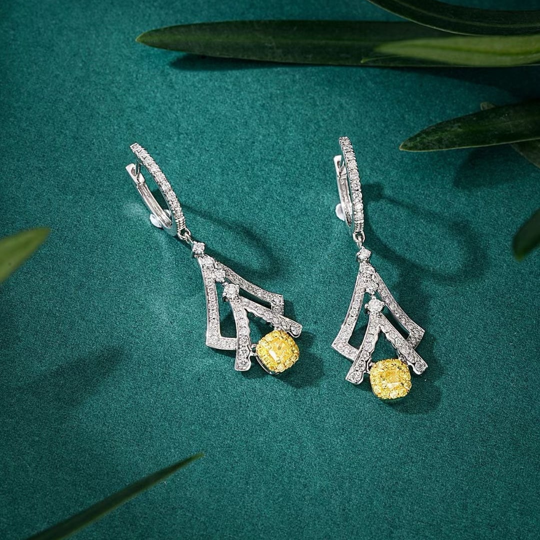 14k Gold 0.97 Ctw Natural Yellow Diamond & Diamond Earrings - 2
