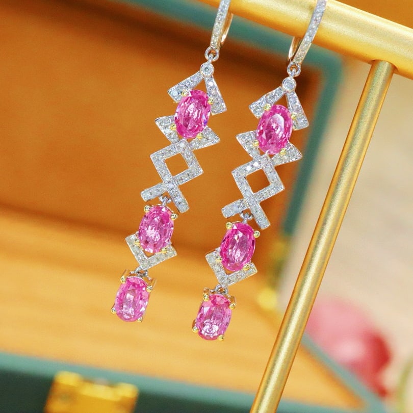 14k Gold 3.43 Ctw Natural Padparadscha Sapphire & Diamond Earrings - 2