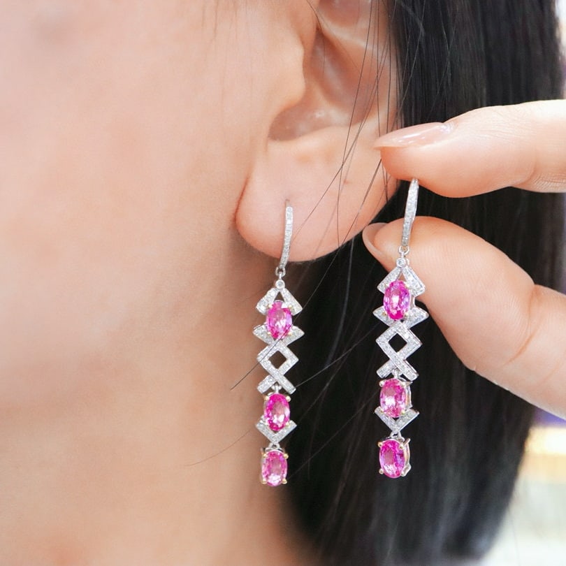 14k Gold 3.43 Ctw Natural Padparadscha Sapphire & Diamond Earrings - 4