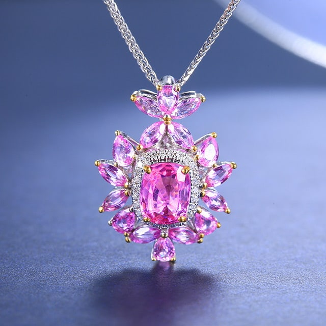 14k Gold 2.99 Ctw Natural Padparadscha Sapphire & Sapphire Pendant( Without Chain ): Ref:230984021 // gold content:14k gold // main gemstone:padparadscha sapphire // shape:cushion // carat weight:1. 36ct // color:orangish pink // treatment:natural // // adjacent gemstone 2 : sapphire