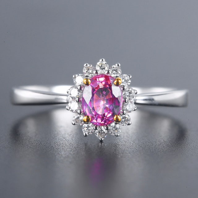 14k Gold 0.76 Ctw Natural Sapphire & Diamond Ring: Ref:230984034 // gold content:14k gold // ring size:7. 25us // // main gemstone:sapphire // shape:oval // carat weight:0. 62ct // color:pink // treatment:natural // // adjacent gemstone 2 : diamond