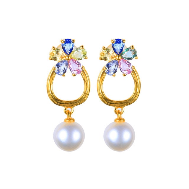 14k Gold 1.25 Ct Natural Sapphire & Pearl Earrings - 3