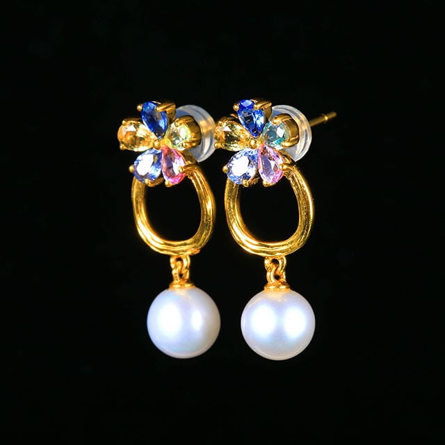 14k Gold 1.25 Ct Natural Sapphire & Pearl Earrings - 5