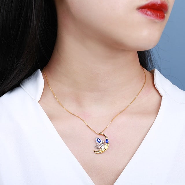 14k Gold 0.98 Ctw Natural Sapphire & Diamond Pendant( Without Chain ) - 2
