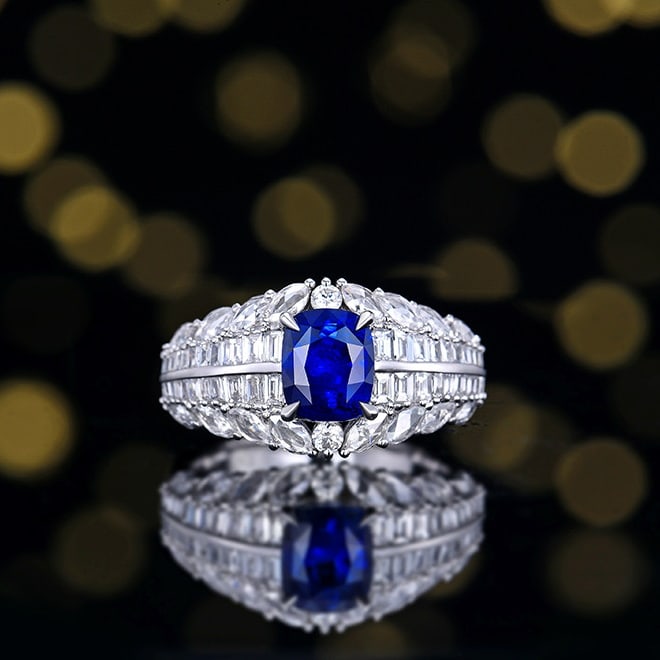 14k Gold 3.26 Ctw Natural Sapphire & Diamond Ring: Ref:230984040 // gold content:14k gold // ring size:7. 25us // // main gemstone:sapphire // shape:cushion // carat weight:2. 05ct // color:royal blue // treatment:natural // // adjacent gemstone 2 :