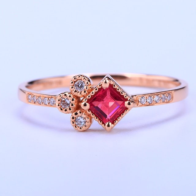 14k Gold 0.32 Ctw Natural Ruby & Diamond Ring: Ref:230984043 // gold content:14k gold // ring size:7. 25us // // main gemstone:ruby // shape:square // carat weight:0. 26ct // color:red // treatment:natural // // adjacent gemstone 2 : diamond //