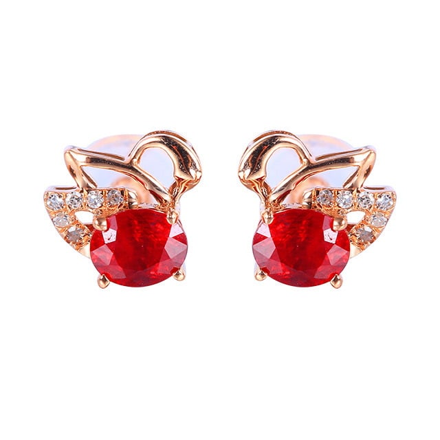 14k Gold 0.78 Ctw Natural Ruby & Diamond Earrings - 2