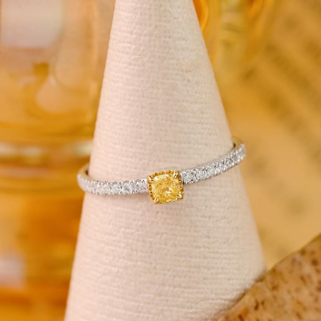 14k Gold 0.2 Ct Natural Yellow Diamond & Diamond Ring: Ref:230984063 // gold content:14k gold // ring size:7. 25us // // main gemstone:yellow diamond // shape:cushion // carat weight:0. 2ct // color:yellow // treatment:natural // // adjacent gemstone 2 :