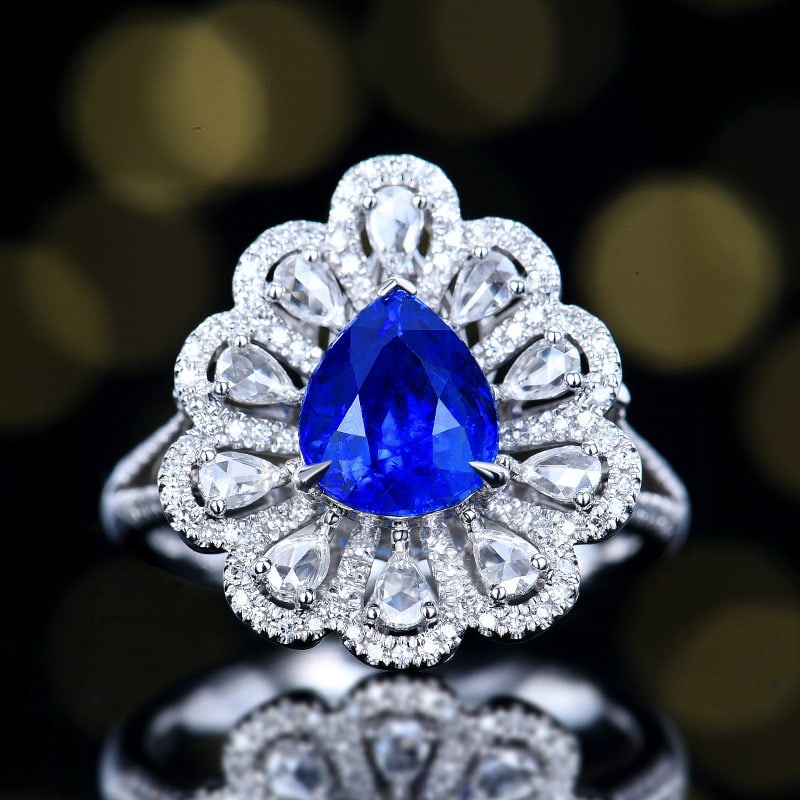 14k Gold 3.09 Ctw Natural Sapphire & Diamond Ring/pendant( Without Chain ): Ref:230984066 // gold content:14k gold // ring size:7. 25us // // main gemstone:sapphire // shape:pear // carat weight:2. 4ct // color:royal blue // treatment:natural // // adjacent gemstone 2 :