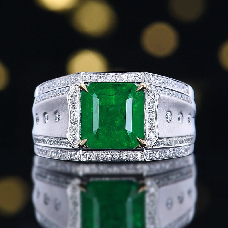 14k Gold 3.95 Ctw Vivid Green Natural Emerald & Diamond & Men¡¯s Ring: Ref:230984079 // gold content:14k gold // ring size:8us // // main gemstone:emerald // shape:octagonal // carat weight:3. 56ct // color:vivid green // treatment:natural // // adjacent gemstone 2 :