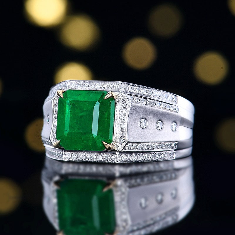 14k Gold 3.95 Ctw Vivid Green Natural Emerald & Diamond & Men¡¯s Ring - 2
