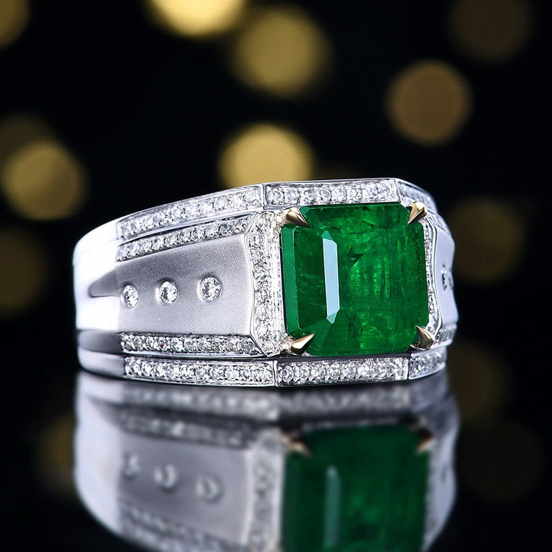 14k Gold 3.95 Ctw Vivid Green Natural Emerald & Diamond & Men¡¯s Ring - 3