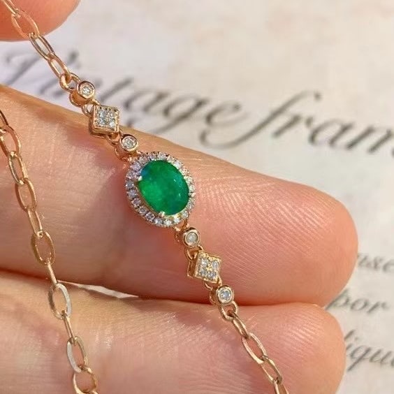 14k Gold 0.45 Ct Vivid Green Natural Emerald & Diamond Bracelet - 2