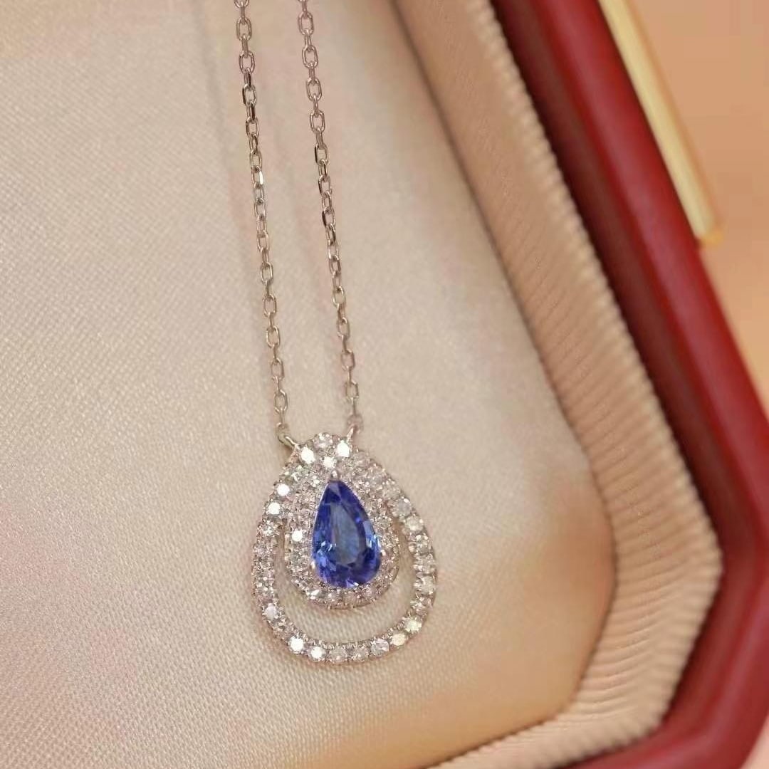 14k Gold 0.64 Ctw Natural Sapphire & Diamond Necklace: Ref:230984115 // gold content:14k gold // main gemstone:sapphire // shape:pear // carat weight:0. 46ct // color:blue // treatment:natural // // adjacent gemstone 2 : diamond // shape:round // carat